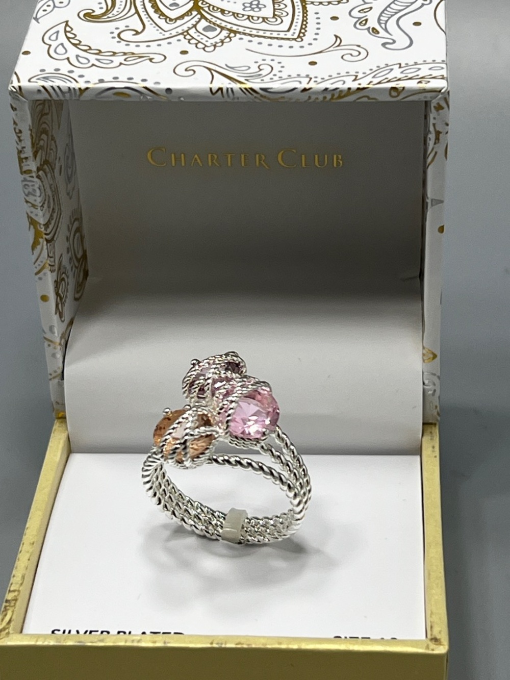 Charter Club Women’ Multi Colored Crystal Stone Silver Plated Rope Designed Ring